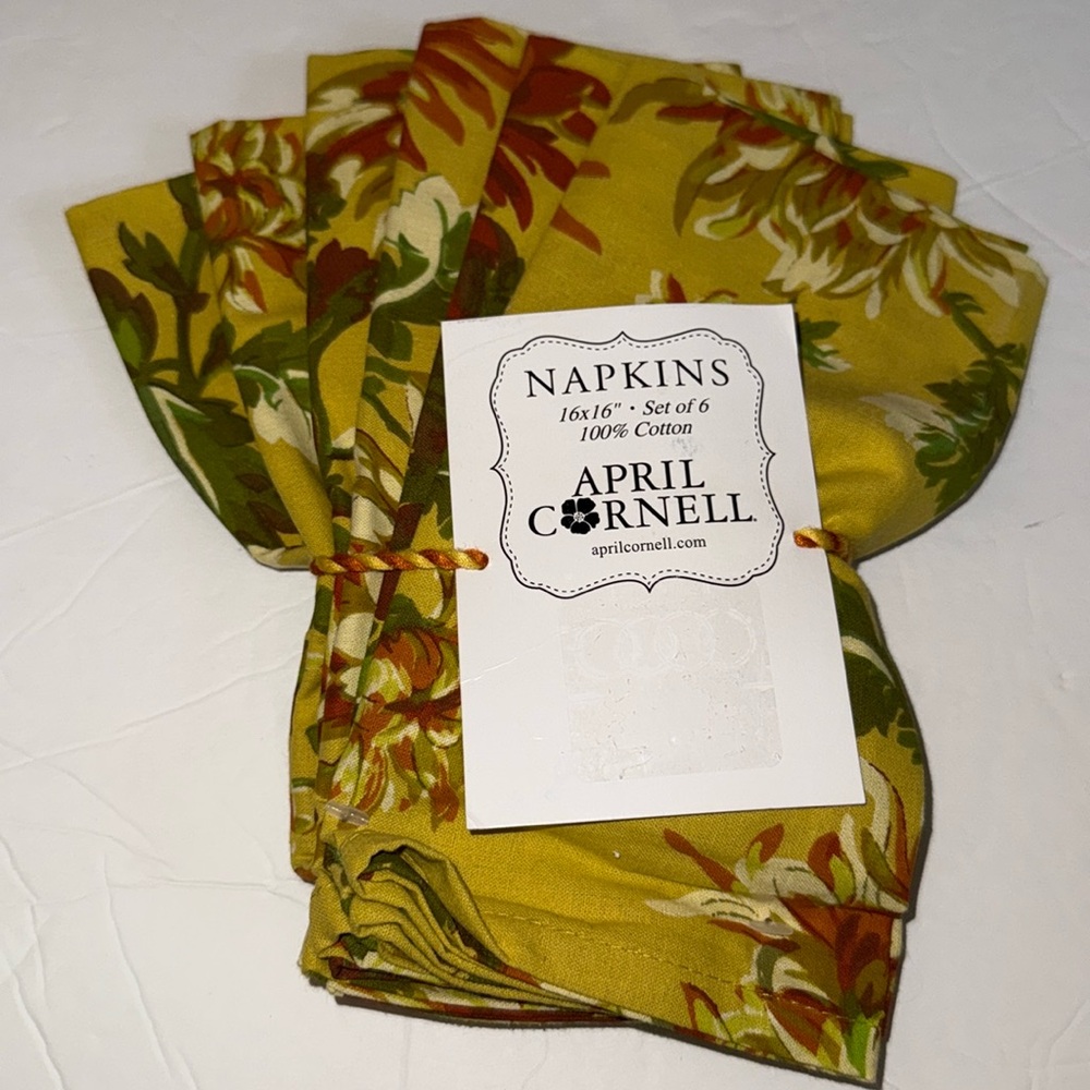 April Cornell Set of 6 Napkins 16x16” Gold with Fall Multi Color Florals